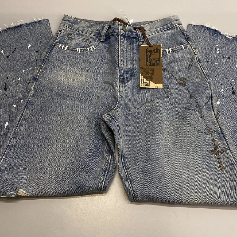 Birth Of Royal Child Men's Distressed Jeans Blue Size S – Chain Ink Print & Fray